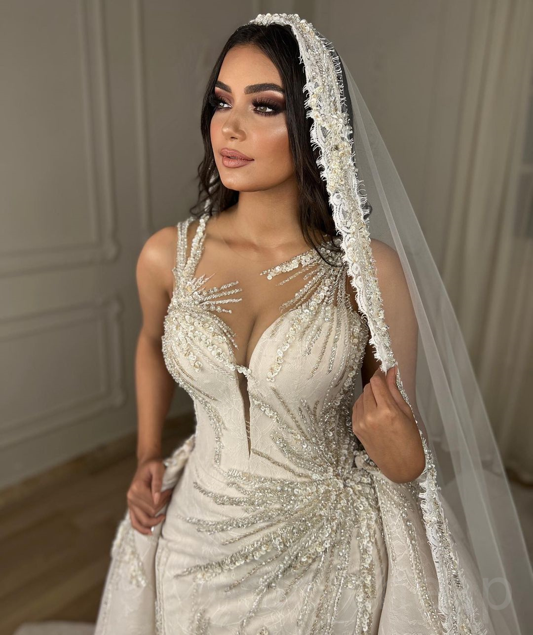 2023 Arabic Aso Ebi Mermaid Lace Wedding Dress Beaded Sheer Neck Detachable Train Vintage Bridal Gowns Dresses ZJ1134