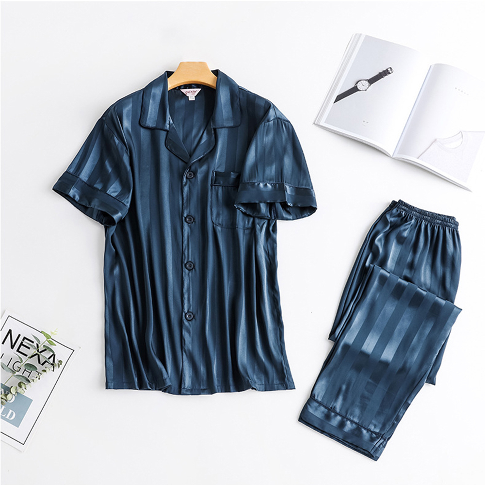 Men's Sleepwear Ice Silk Pajamas For Men Spring Summer Pyjamas Thin Breathable Lounge Set Simple Style Striped Elastic Waist pyjama pour femme 23