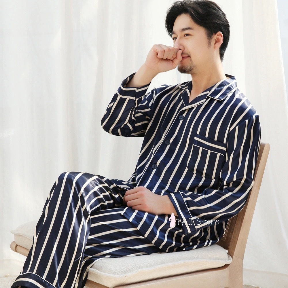 Men's Sleepwear Home Clothes for Men Big Size 3XL 5XL 7XL 8X Men Summer Silk Pajama Trousers for Men Spring Stripe Men Nightwear Oversize 230317