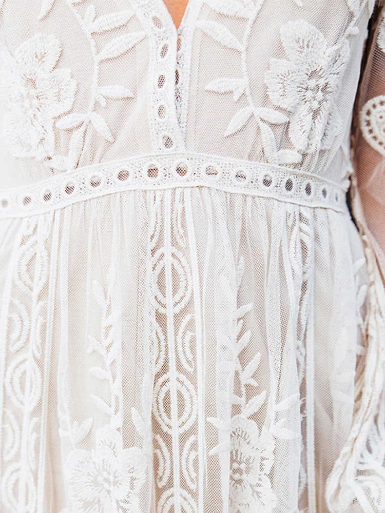 Casual Dresses Summer Lace Long Dress Women Bohemian Embroidered Maxi Dress Female V Neck Hollow Out Long White Casual Holiday Dress G230311