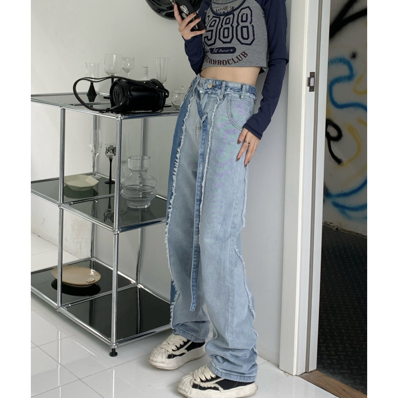 Women's Jeans Blue Women Jeans High Waist Splicing American Fashion Streetwear Style Wide Leg Female Denim Trouser Baggy Straight Denim Pants 230