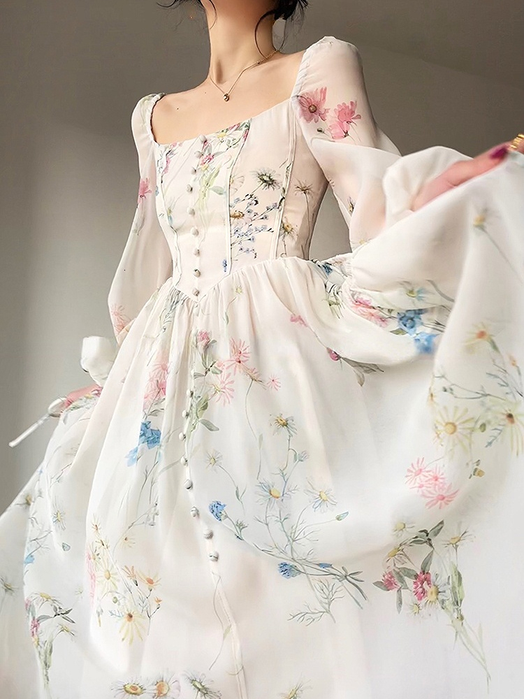 Casual Dresses French Elegant Floral Midi Chiffon Long Sleeve Evening Party Woman Beach Fairy Korean 2023 Summer 230310