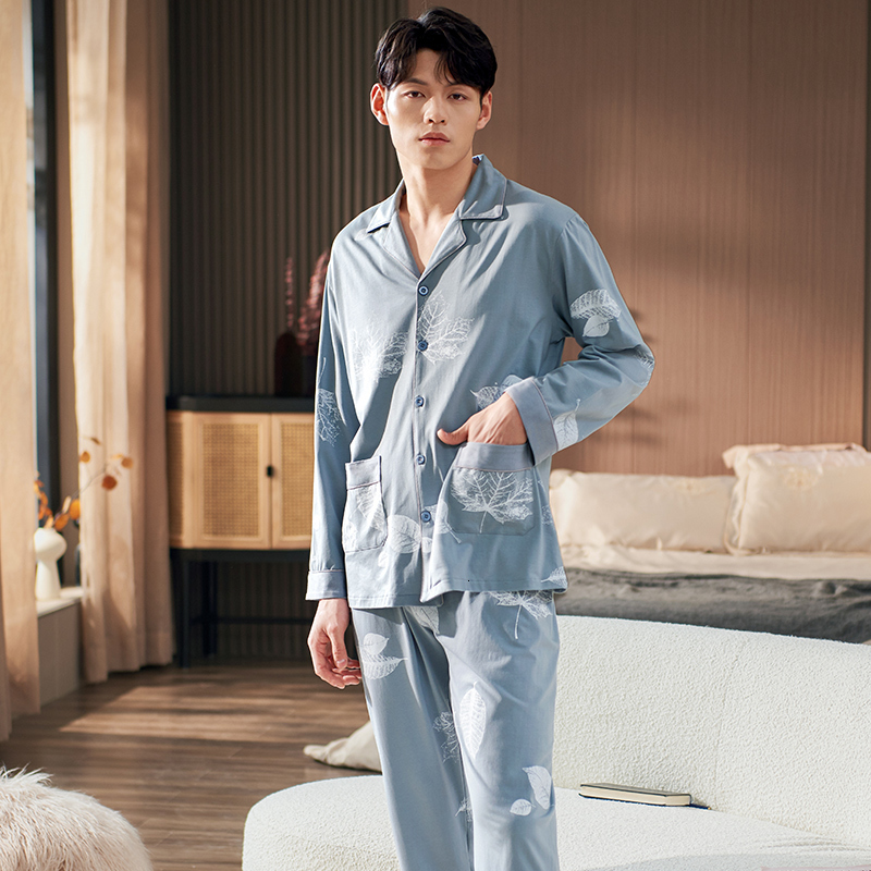 Men's Sleepwear Men Pyjama Set Modal Cotton Spring Long Sleeve Maple Leaf Print Men Pajama Suit Nightwear Lapel Collar Pijama Male Sleepwear 3XL 