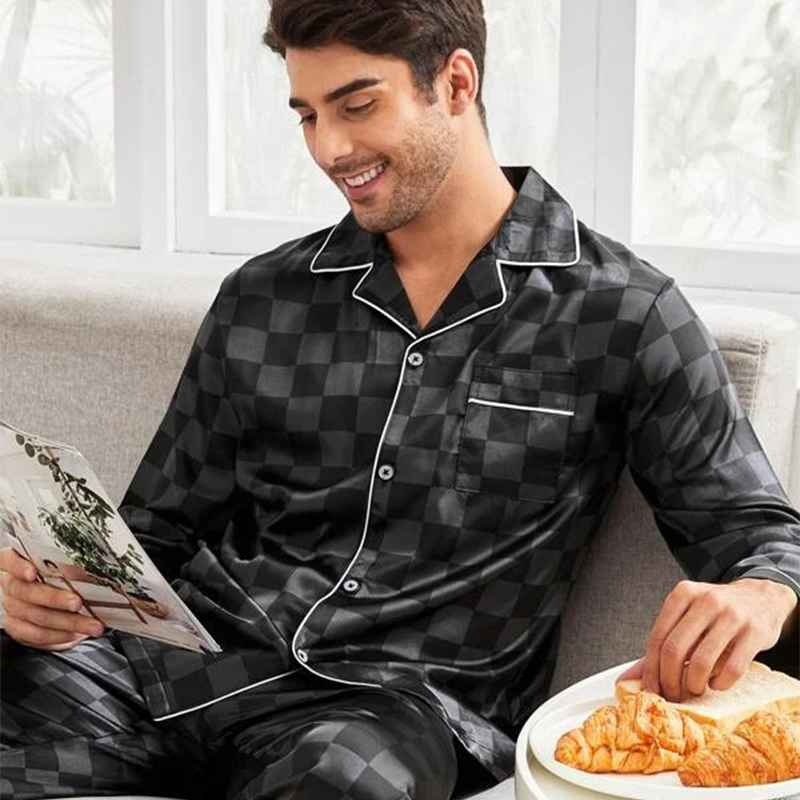 Men's Sleepwear Men Checkered Silk Satin Pajamas Set Home Sleepwear Long Trouser Suit Female Sleep Two Piece Set Couple Loungewear Plus Size 2303