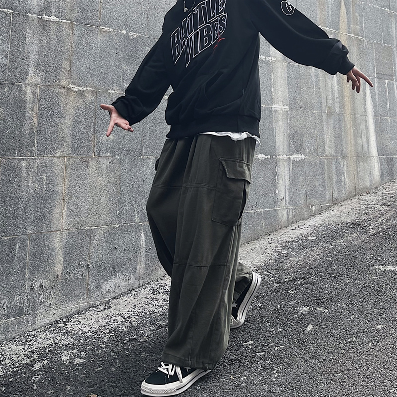 Men's Pants Big Pocket Cargo Pants Men's Casual Solid Color Straight Pants Baggy Wide-leg Ankle-length Pants Men Elastic Waist Pants 230311