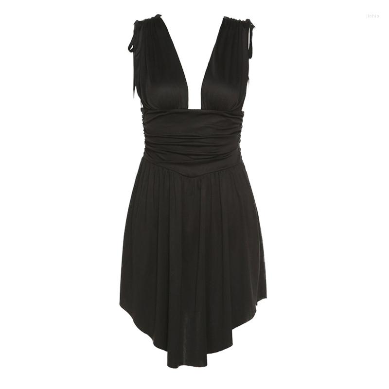 Casual Dresses Ladies Fashion Summer High Waist Deep V Neck Ruched Dress Solid Women Sleeveless Tie Up A-line Short Mini Vestidos Party