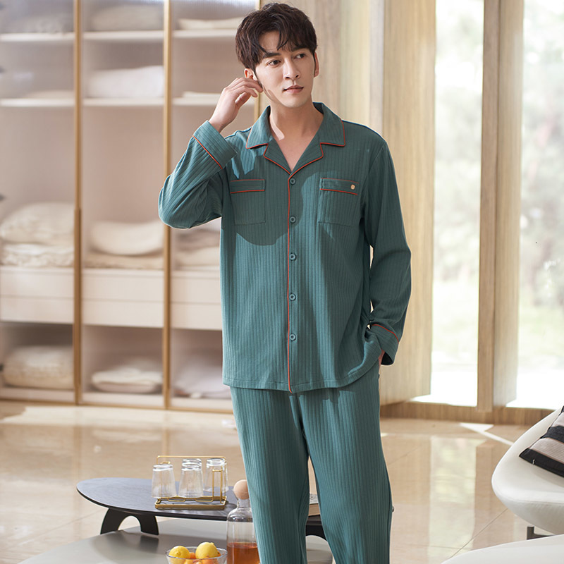 Men's Sleepwear Autumn Pajama Set Male Full Cotton Sleepwear Solid Home Clothing Long Sleeves Spring Cardigan Leisure Pyjamas Suit 3XL 230317