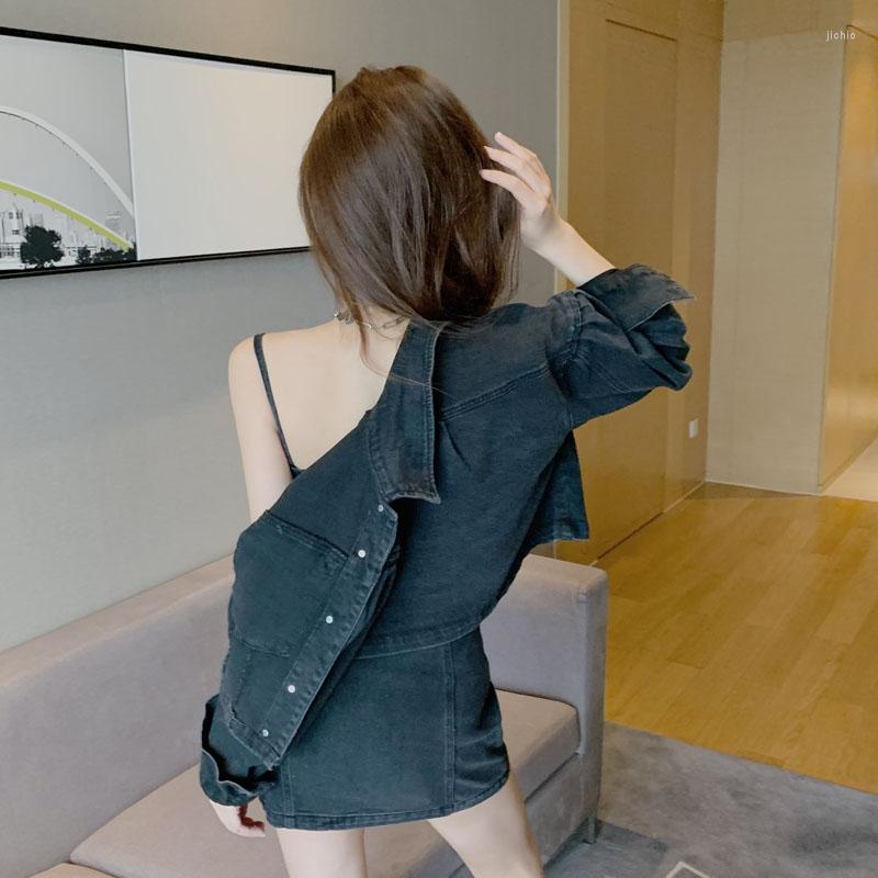 Casual Dresses French Style Spaghetti Strap Denim Dress For Womens 2024 Slim Sexy Bodycon Camisole Vestidos Femal Black Mini