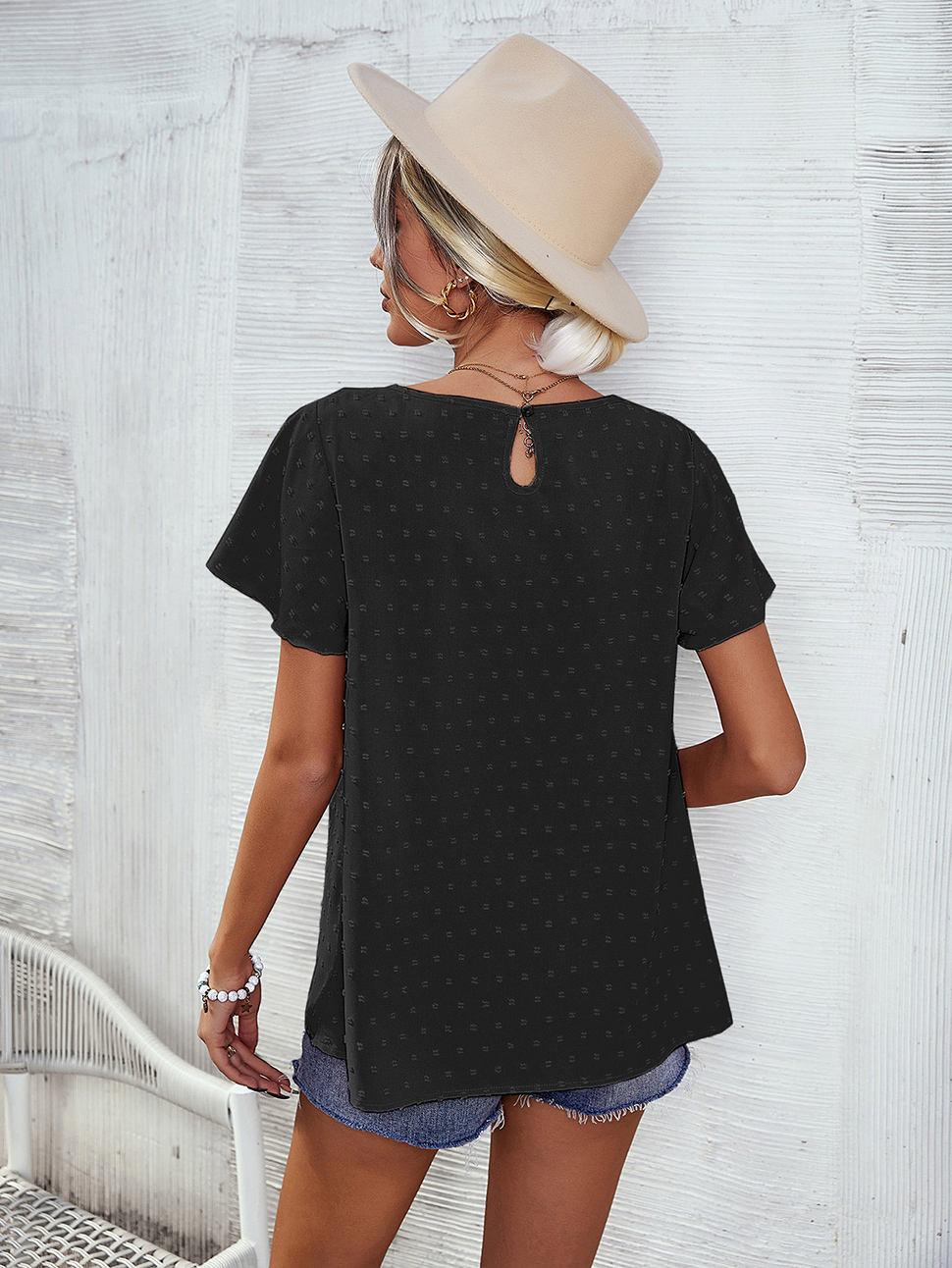 Women Shirts Chiffon Lace Blouse Summer Casual Round Neck Short Sleeve Pom Pom Shirts Top