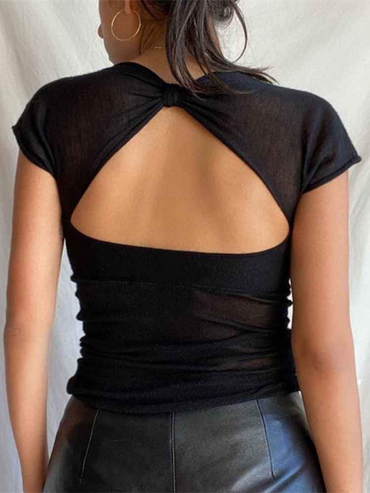 Women's TShirt Cryptographic Square Collar Summer Sexy Backless Tops for Women Cropped Short Sleeve Elegant Top Tees Skinny Streetwear Clothes 23