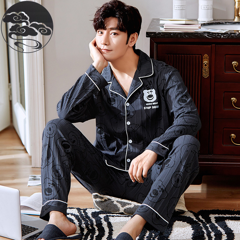 Men's Sleepwear Spring Autumn Knitted Cotton Long Pajama Sets Plaid Sleepwear PJ Pyjamas Men's Sleep Lounge Home Fashion 230317