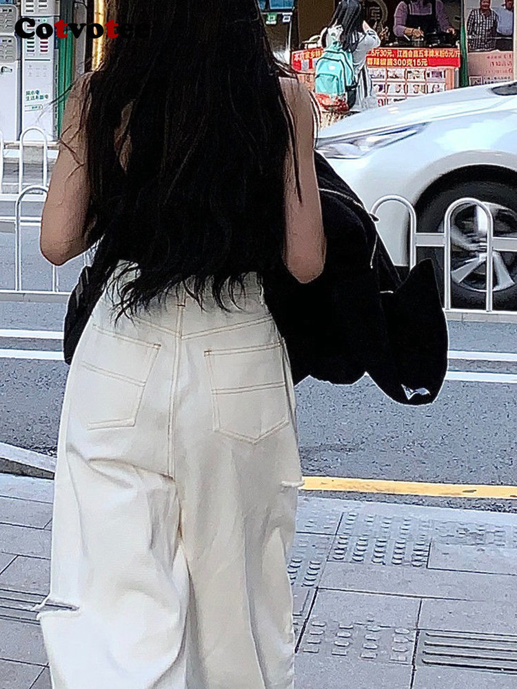 Women's Jeans Cotvotee White Ripped Jeans for Women Fashion High Waisted Jeans Holes Straight Vintage Streetwear Y2k Pants Wide Leg Jeans 230311