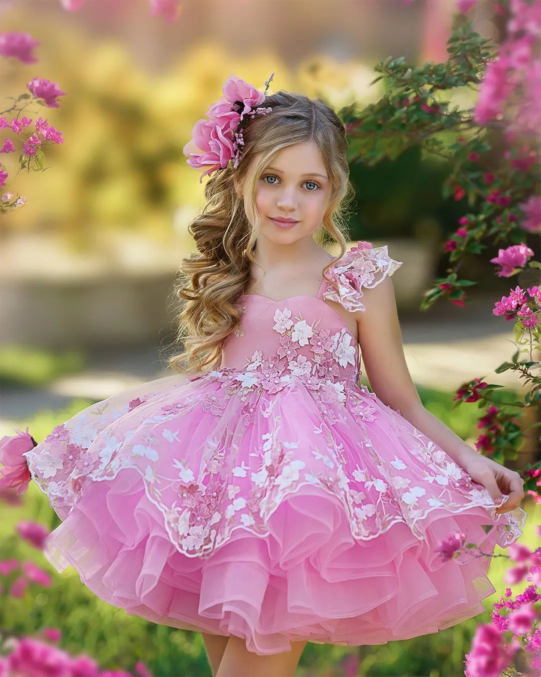 Lace Appliqued Pink Flower Girl Dresses Tulle Tiered Princess Gowns For Wedding And Birthday Beaded Kid Pageant Dress