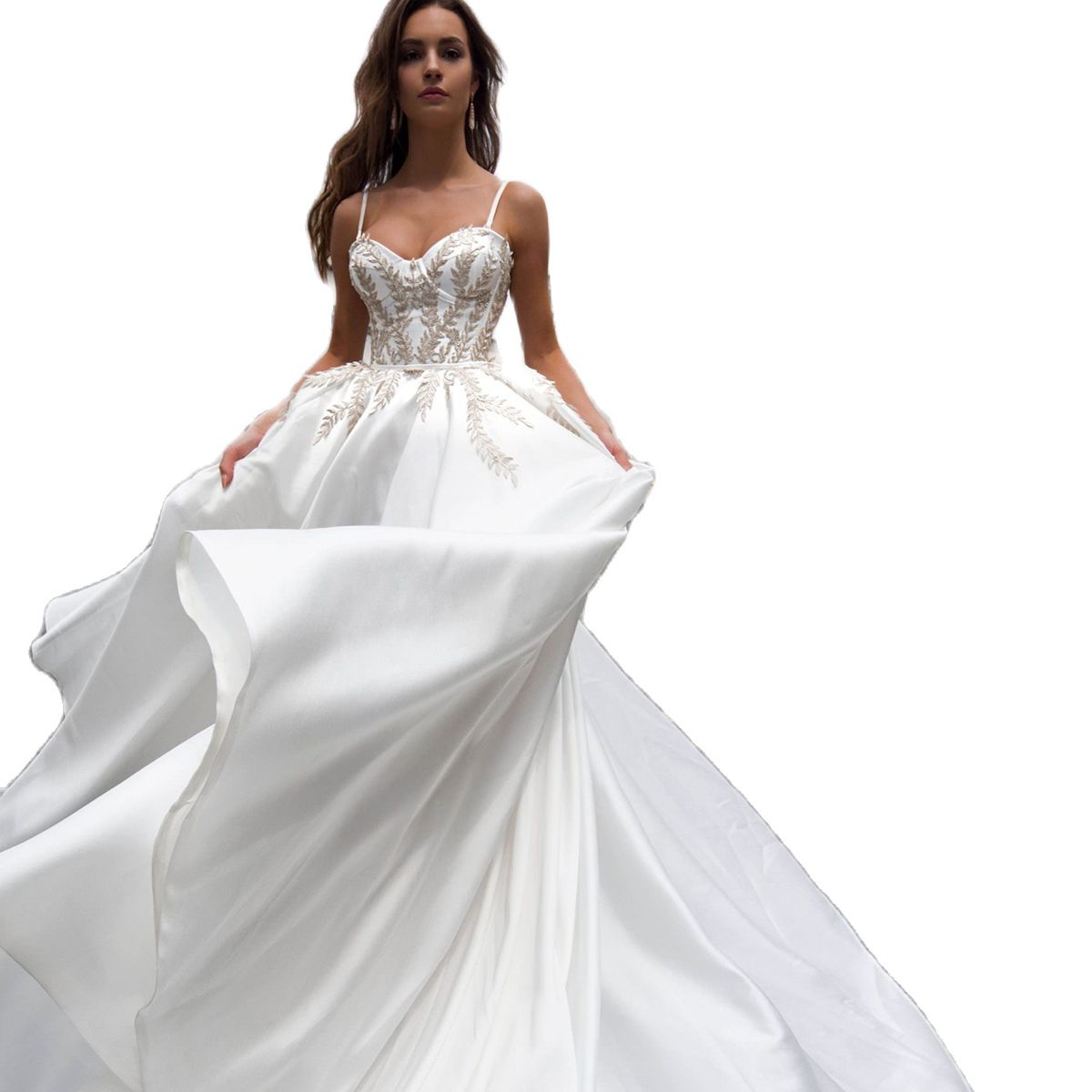 Summer Beach A Line Wedding Dress Sexy Golden Appliques Spaghetti Princess Satin Custom Made Bridal Dresses Vestido De Novia