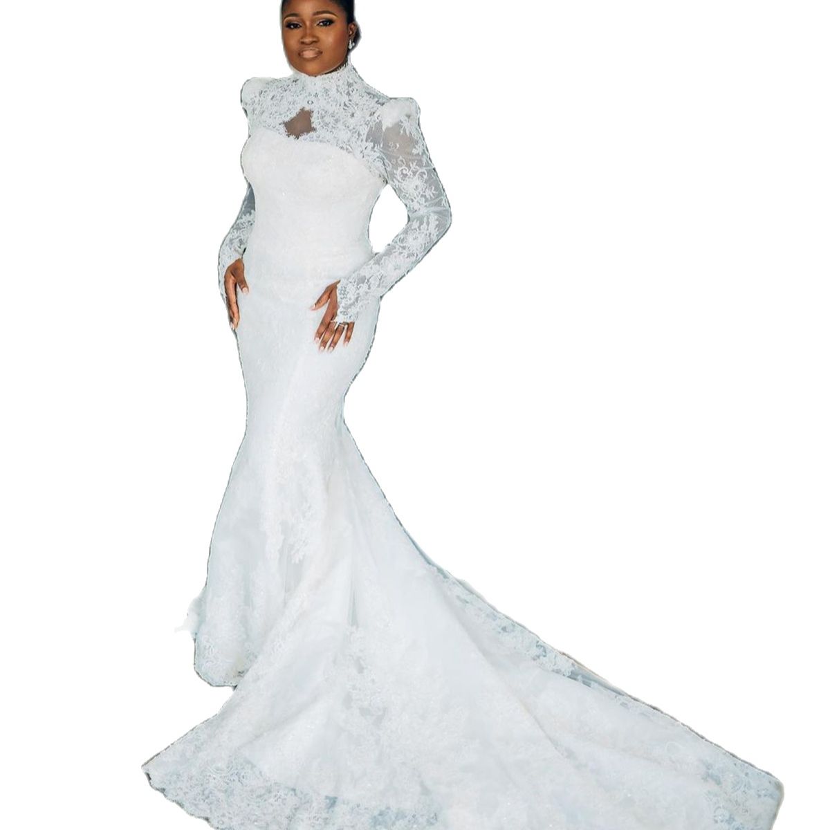 Plus Size Muslim Mermaid Wedding Dresses Full Lace High Neck Long Sleeve Bride Dress With Veil Bridal Gowns