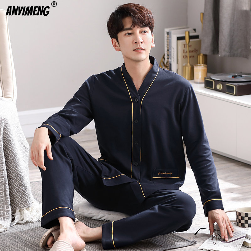 Men's Sleepwear Autumn Winter Plus Size 4XL Men Pajamas Fashion Pijamas Mens Breathe Freely Sleepwear Cotton Deep Grey Cardigan Nightwear 230317