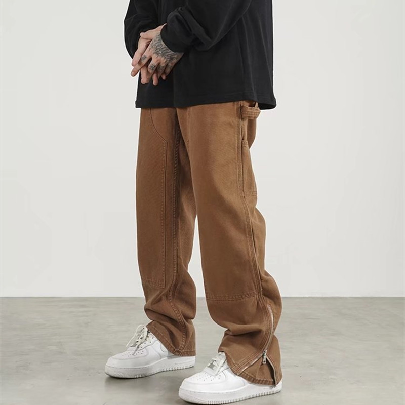 Men's Pants Fashion Ankle Zipper Brown Baggy Men Cargo Wide Pants Hip Hop Straight Loose Women Casual Long Trousers Pantalon Homme 230311