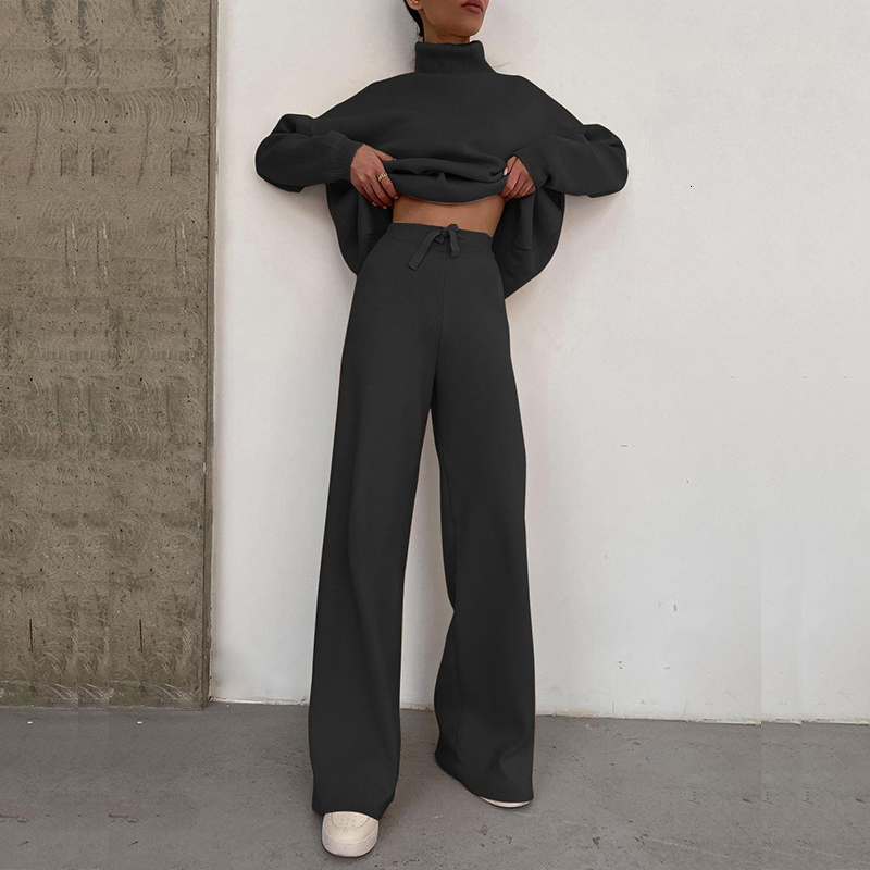 Women's Two Piece Pants Elegant Fashion Fleece Outfit Women Autumn Winter Turtleneck Tops And Wide Leg Suits Casual Solid Set Femme 230310