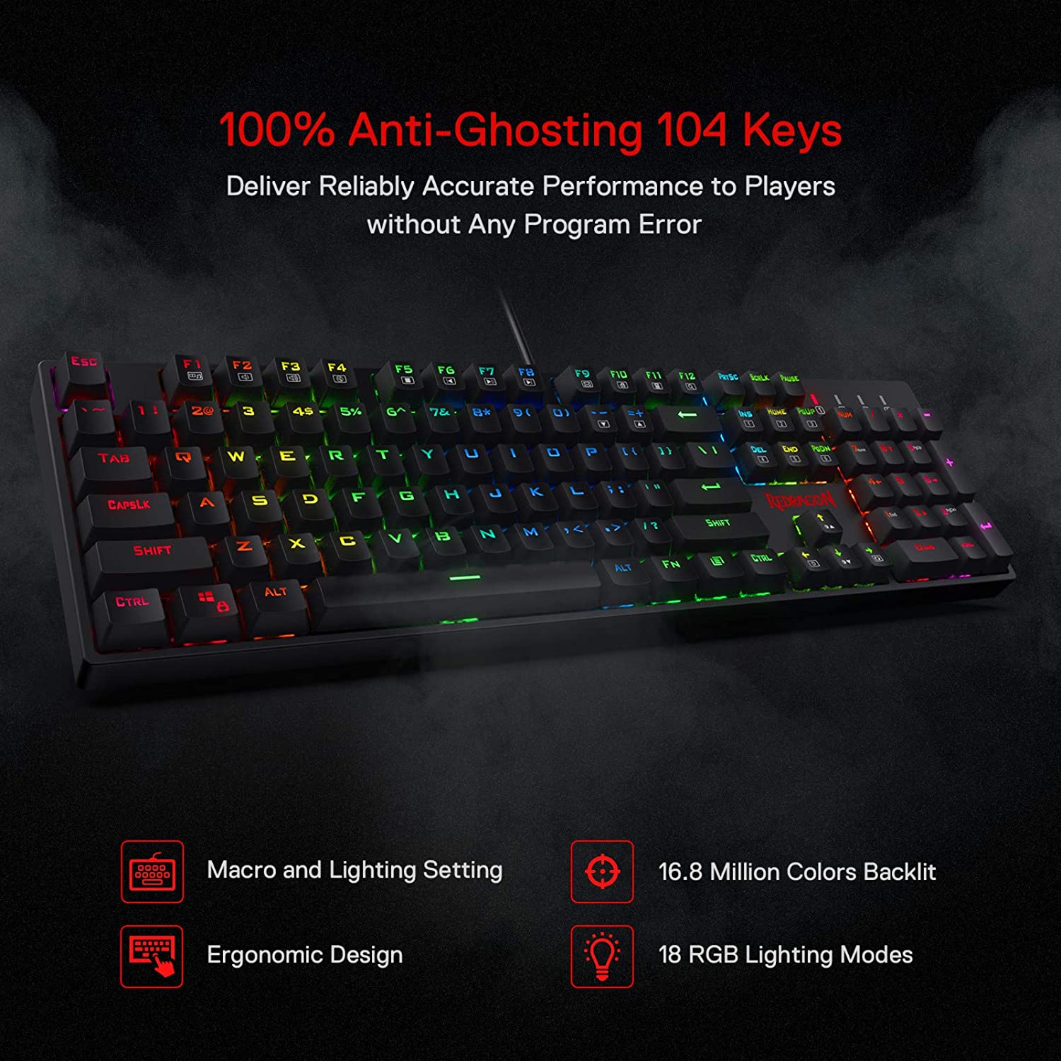 n K582 SURARA RGB LED Backlit Mechanical Gaming Keyboard with 104 Keys-Linear and Quiet Red Switches For Game Laptop PC