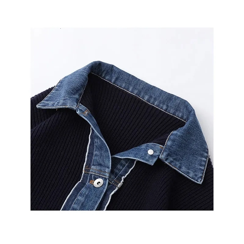 Women's Knits Tees Korean Fashion Sweater Jacket Spring Autumn Denim Patchwork Knitted Cardigan TurnDown Collar Single Breasted Vingtage Knit Coa