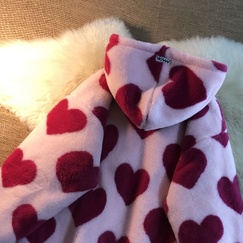 Women's Jackets Pink Heart Print Women Jacket Winter Warm Zipper Flannel Parka Harajuku Lambswool Sherpa Streetwear Loose Couple Hoodie Coat 2303