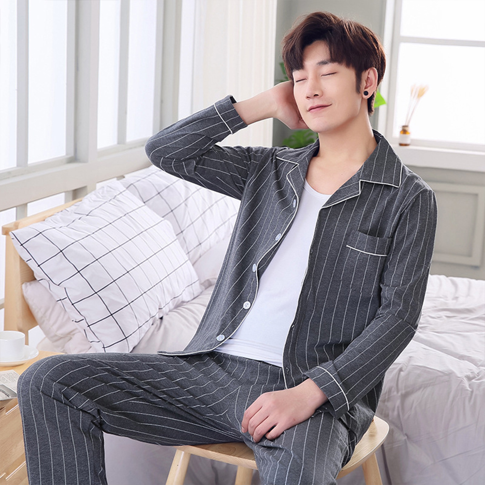 Men's Sleepwear Spring Autumn Pajama Sets Suit Knitted Cotton Casual Long Sleeve Sleepwear Plaid Home Wear Plus Size Comfortable Pajamas For Men 