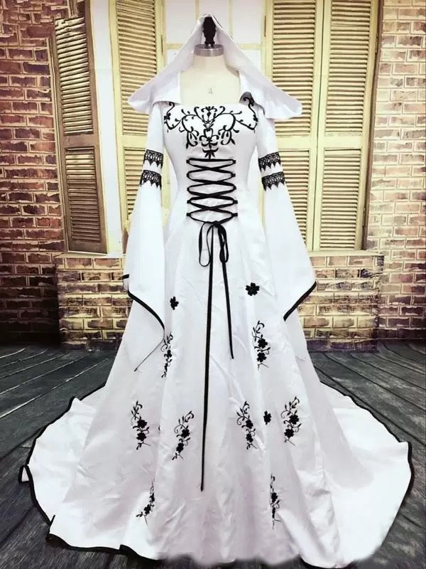 White Wedding Dresses Ivory Bridal Gowns A Line Cloak Bateau Long Sleeve Sweep Train Satin Black Embroidery Lace Up New Custom Plus Size Wed Dresses W