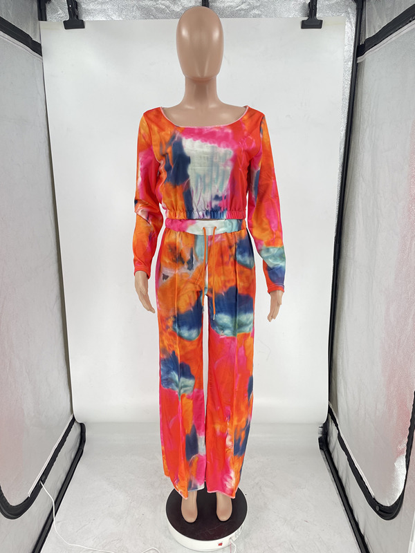 Women's Two Piece Pants CMYAYA Tie Dye Tracksuit Off Shoulder Long Sleeve Tshirt and Loose Matching 2 Set Outfits Sweatsuit 230310
