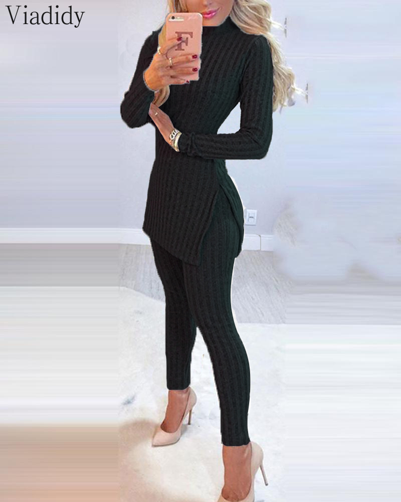 Women's Two Piece Pant Winter 2pcs Suit Long Sleeve Ribbed Slit Top and High Waist Knitted Pencil Pants Set 230310