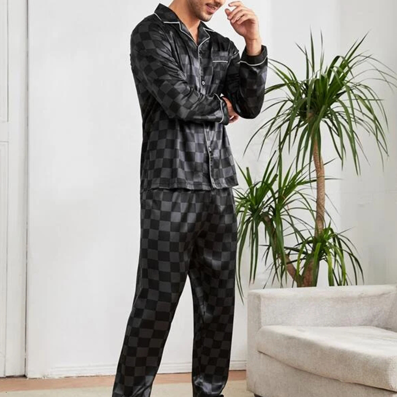 Men's Sleepwear Men Checkered Silk Satin Pajamas Set Home Sleepwear Long Trouser Suit Female Sleep Two Piece Set Couple Loungewear Plus Size 2303