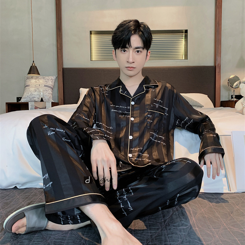 Men's Sleepwear Summer Spring Men's Pajamas Large Bust Sleepwear Nightie 5XL Silk Satin Sets Long Sleeve Home Clothes Nightwear Pajama Pyjam