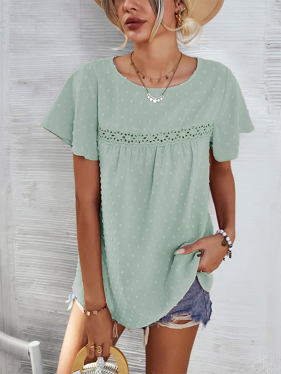 Women Shirts Chiffon Lace Blouse Summer Casual Round Neck Short Sleeve Pom Pom Shirts Top