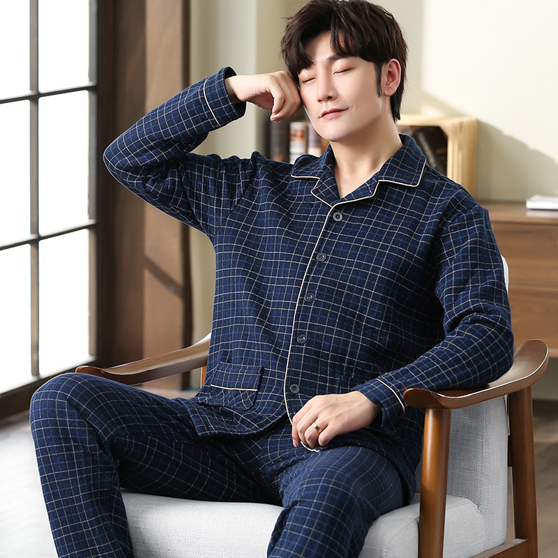 Men's Sleepwear Winter Keep Warm Thin Quilted Pajama Sets for Men Long Sleeve Air Cotton Interlayer Sleepwear Loungewear Homewear Home Clothes 23