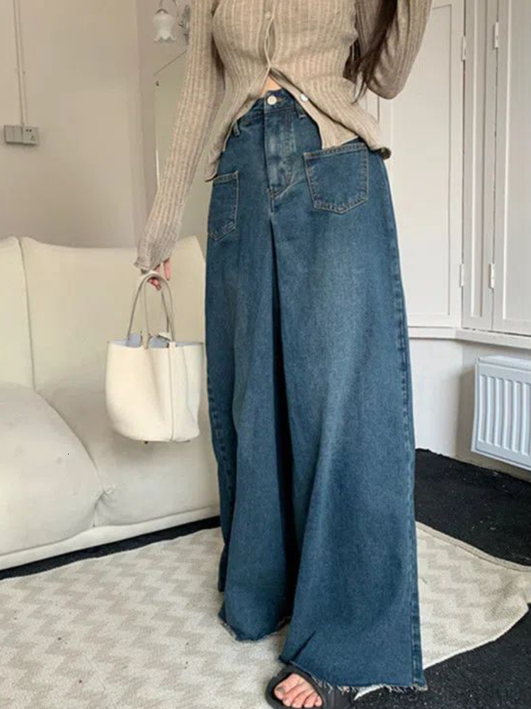 Women's Jeans S-4XL Jeans Women Vintage Loose High Waist Elegant Streetwear Chic Wide Leg Korean Style Fashion All-match Autumn Retro Blue 230311