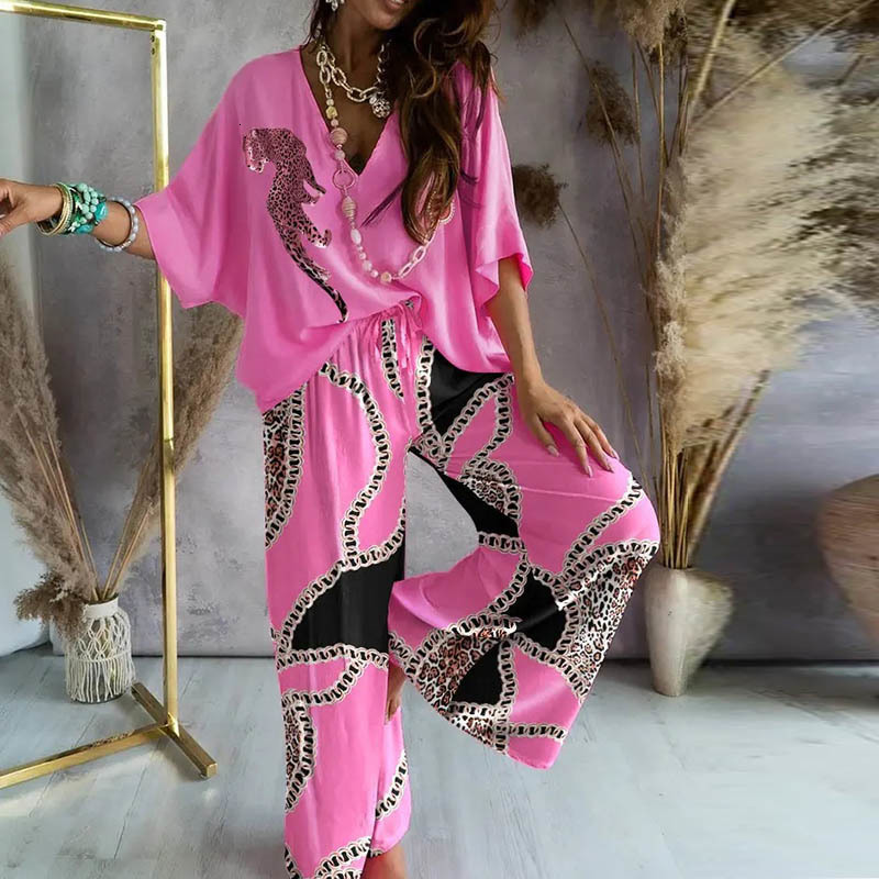 Women's Two Piece Pants Autumn Chain Hollow out Set Casual Batwing Sleeve Top Suits Elegant Summe Leopard Print wide leg pants set 230310