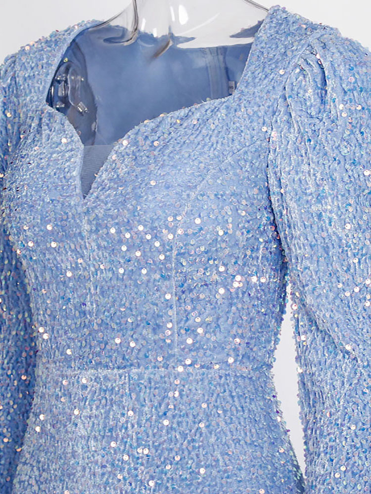 Party Dresses Romantic Sky Blue Long Sleeve Mermaid Wedding Gown Shiny Sequin Stretchy Velvet Slit Leg Evening Maxi Prom 230310