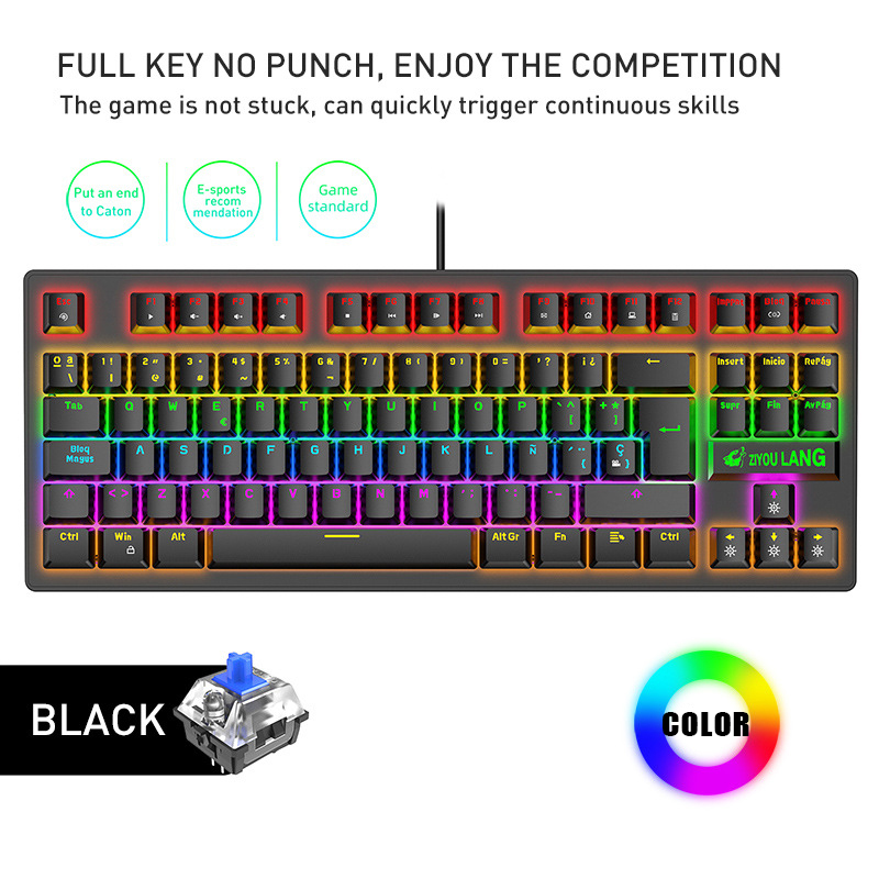 Spanish 88 Keys Mechanical Keyboard Keys USB Wired Mechanical Gaming Keyboards Color Backlit Blue Switch for PC Deskop Laptop