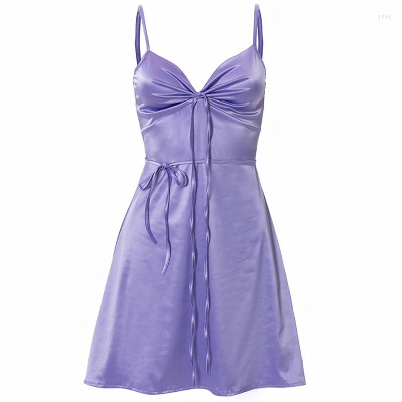 Casual Dresses Women Spaghetti Strap Satin Sexy V-Neck Ruched Bandage A-Line Slim Mini Dress