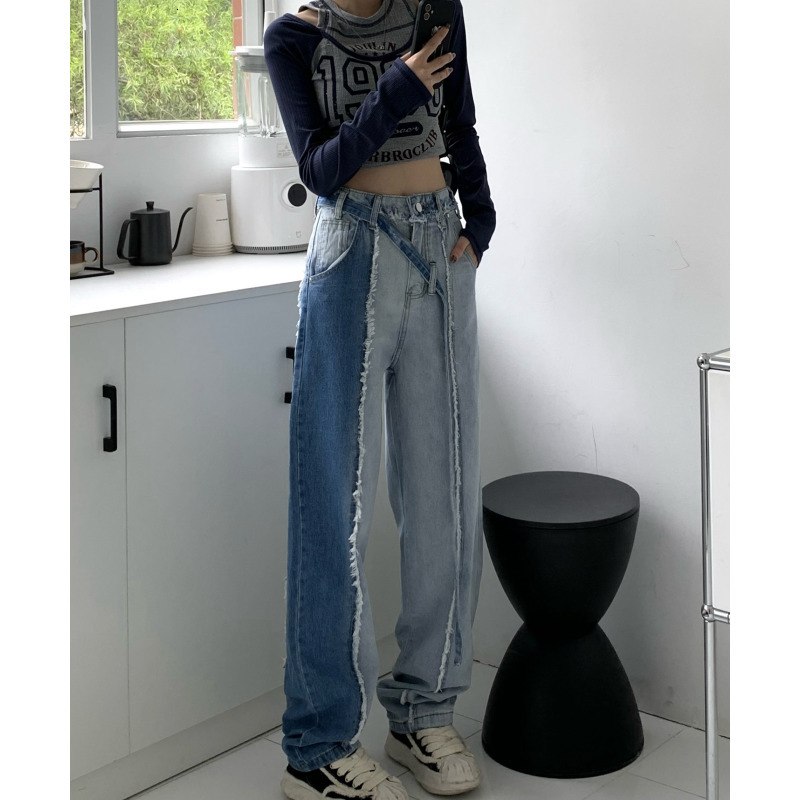 Women's Jeans Blue Women Jeans High Waist Splicing American Fashion Streetwear Style Wide Leg Female Denim Trouser Baggy Straight Denim Pants 230