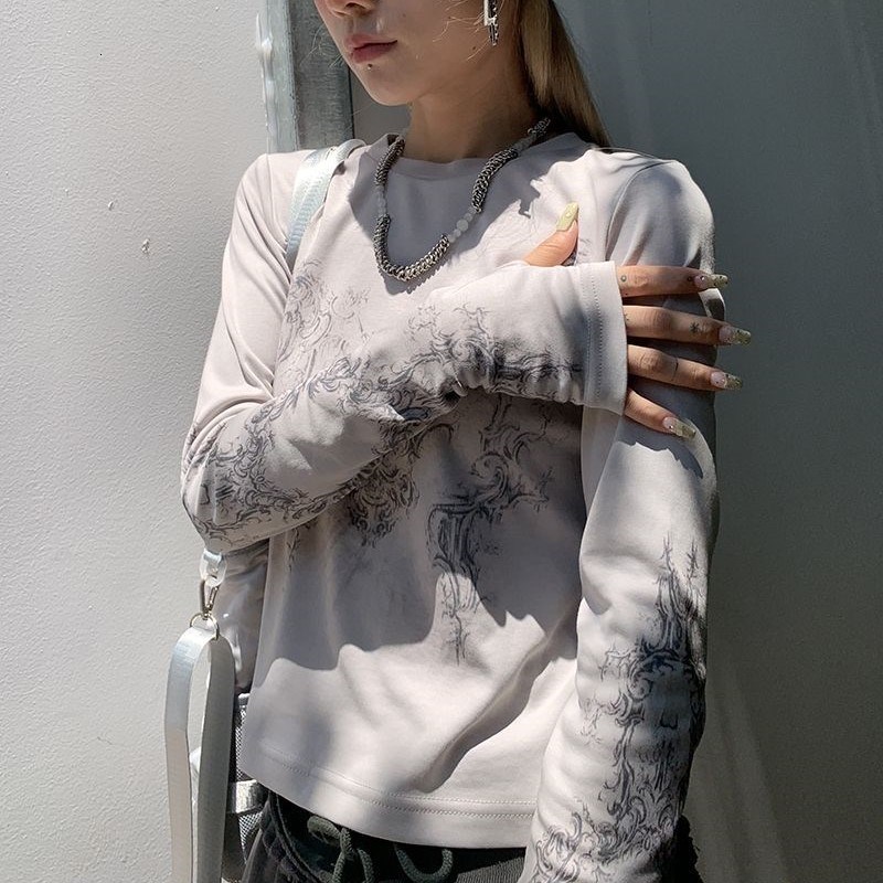Women's TShirt Vintage Women Clothes Y2K Tshirts Blusas Oneck Long Sleeve Print Tunic Grunge Woman Clothing Fashion Casual Crop Tops EMO 230311