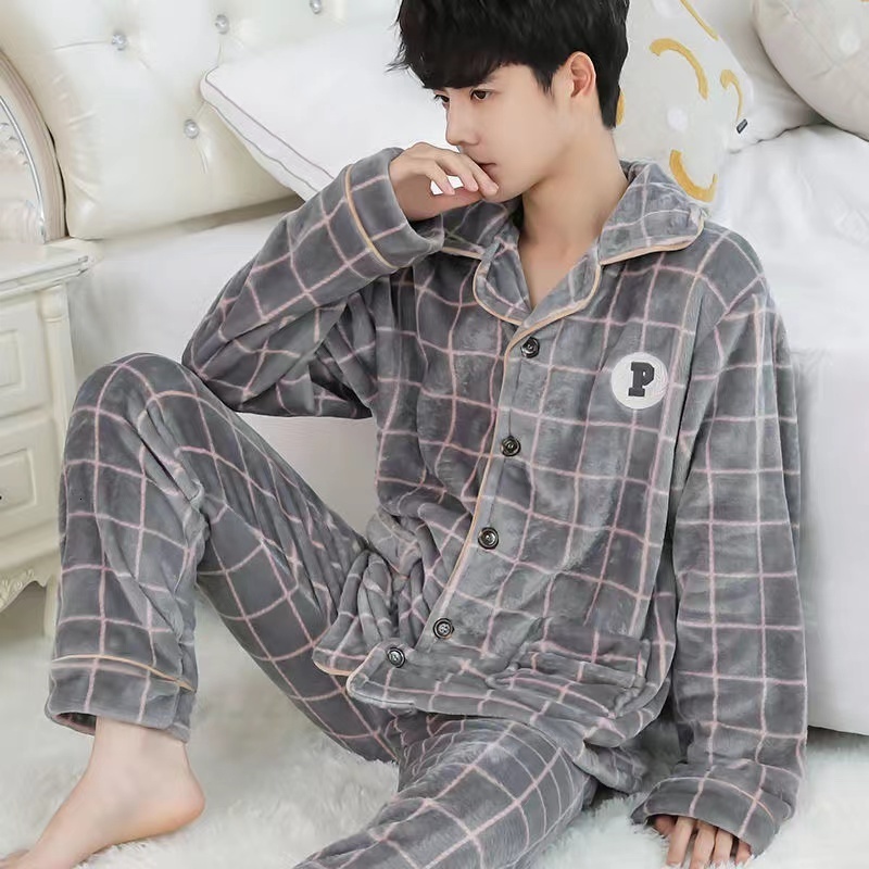Men's Sleepwear Flannel Pajama Sets For Men Long Sleeve Thick Warm Winter Soft Coral Fleece Male Sleepwear Ladies Home Clothes Pyjamas 230311