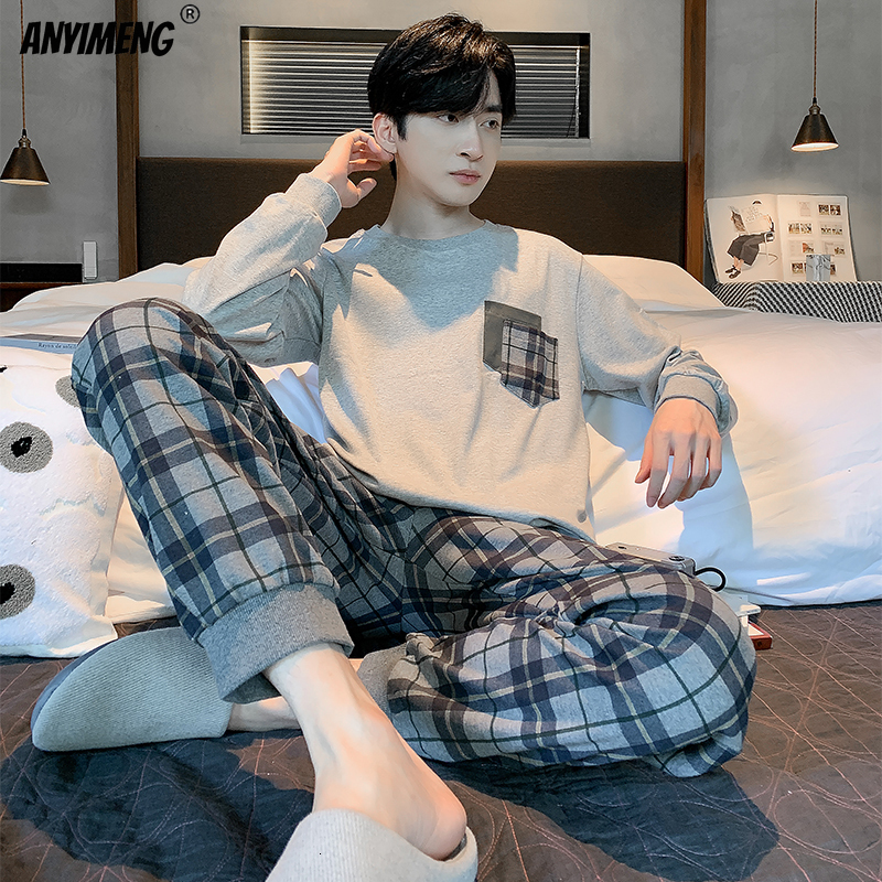 Men's Sleepwear Fashion Sleepwear Young Man's Pajama Set Black Plaid Cool Stylish Korean Pijamas Long Sleeved Autumn Winter Leisure Homewear