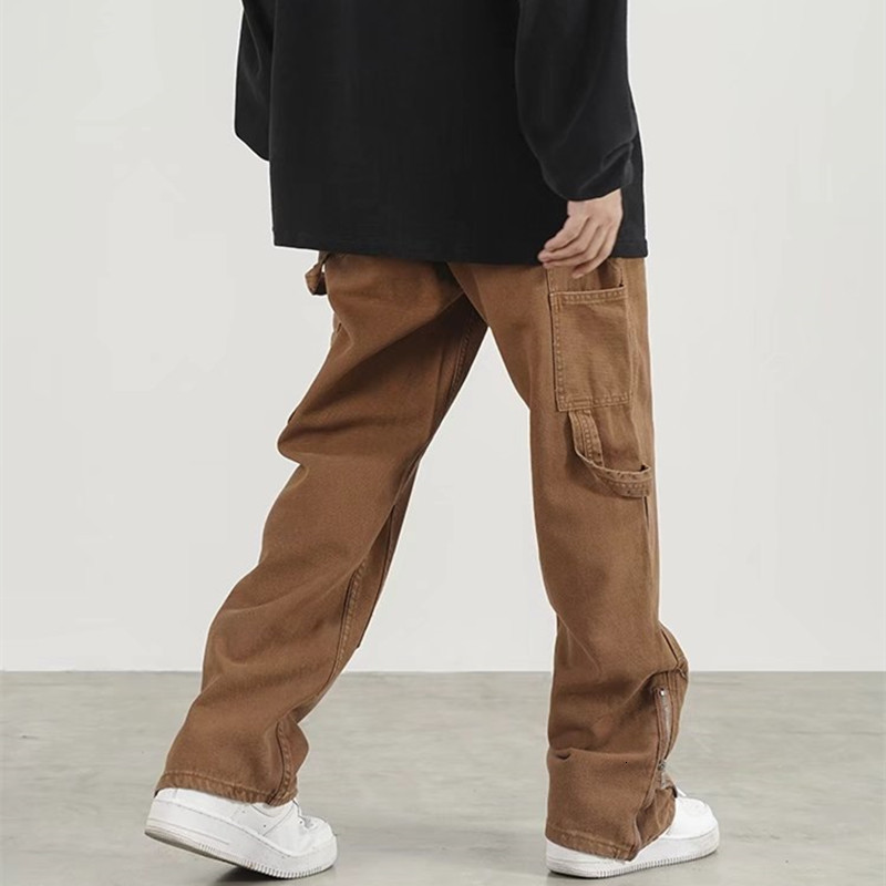 Men's Pants Fashion Ankle Zipper Brown Baggy Men Cargo Wide Pants Hip Hop Straight Loose Women Casual Long Trousers Pantalon Homme 230311
