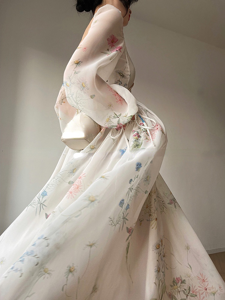 Casual Dresses French Elegant Floral Midi Chiffon Long Sleeve Evening Party Woman Beach Fairy Korean 2023 Summer 230310