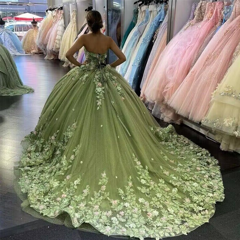 Romantic Floral Quinceanera Dresses Princess Sage Ball Gown Glitter Sequin Lace Sweet 15 Prom Dress Strapless Sleeveless Special Occasion Gowns