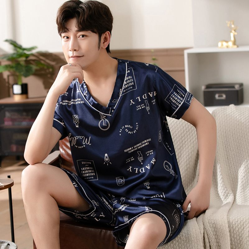 Men's Sleepwear Mens Satin T-Shirt Male V Neck Short Sleeve Casual T-Shirt Loose Pajamas Tops Printing Loungewear Sleepwear Tees Tops 230311