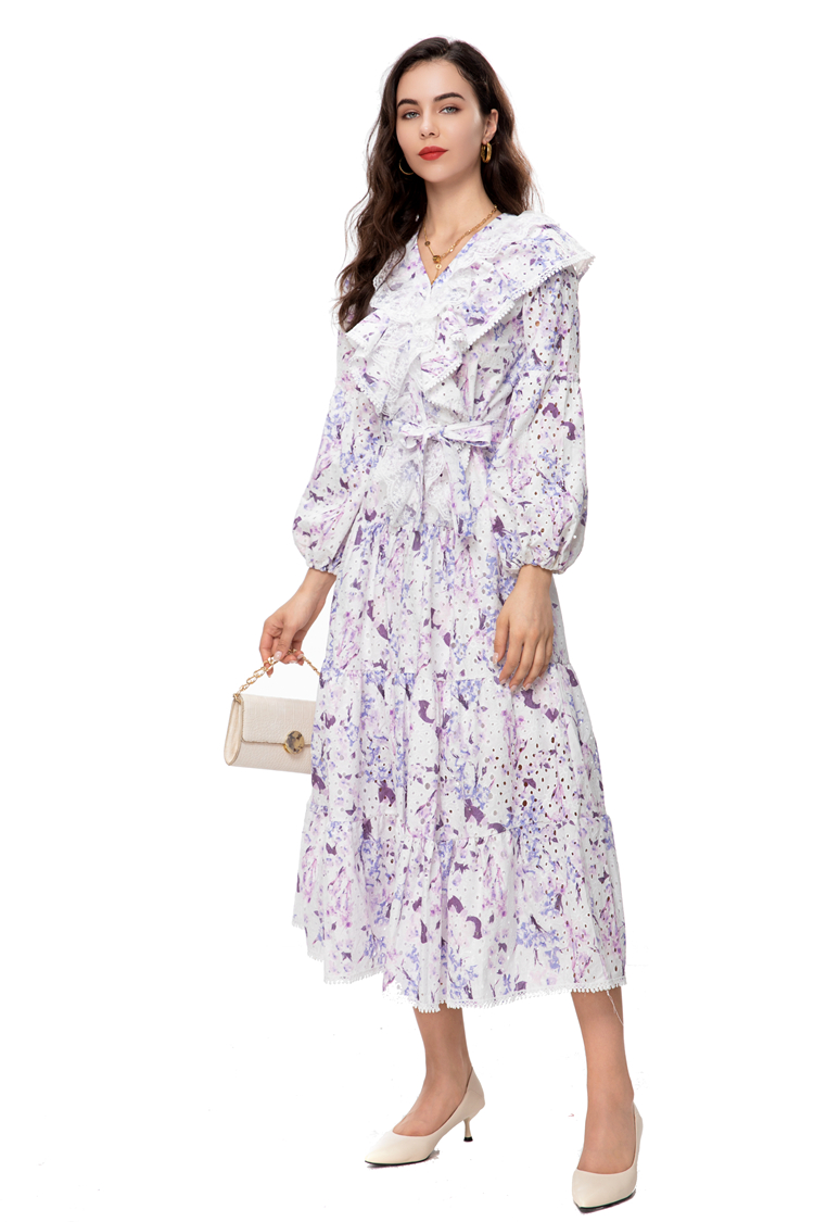Women's Runway Dresses V Neck Lantern Sleeves Floral Printed Lace Up Belt Fashion High Street Vestidos