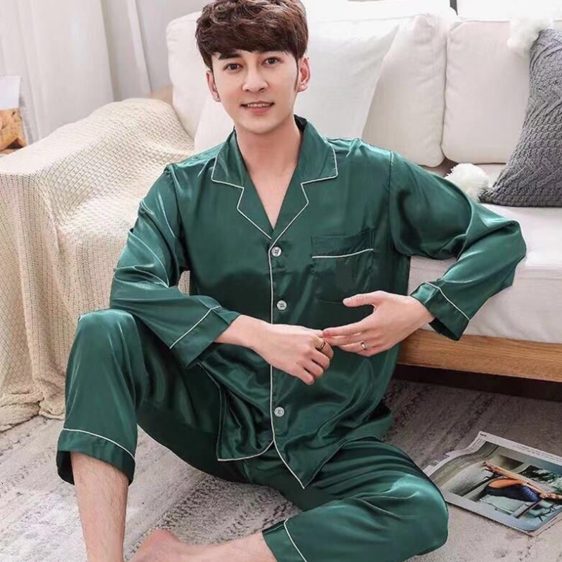 Men's Sleepwear Male Stain Silk Pajama Set Pyjamas Silk Sleepwear Men Smart Soft Pijama Suit Solid Color Satin Home Clothing Summer 230317