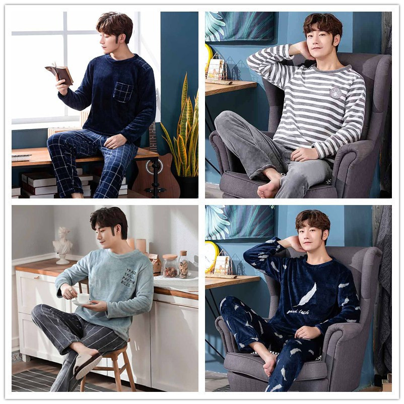Men's Sleepwear warm thick pajamas men's suit plus size thickened flannel autumn and winter home wear casual long-sleeved coral fleece 23031