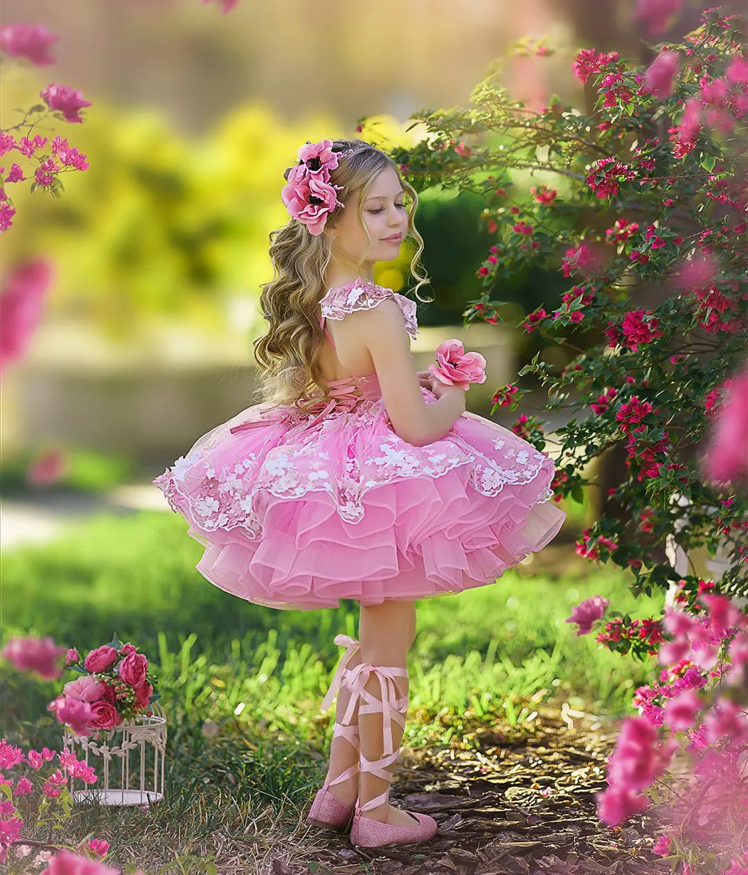 Lace Appliqued Pink Flower Girl Dresses Tulle Tiered Princess Gowns For Wedding And Birthday Beaded Kid Pageant Dress